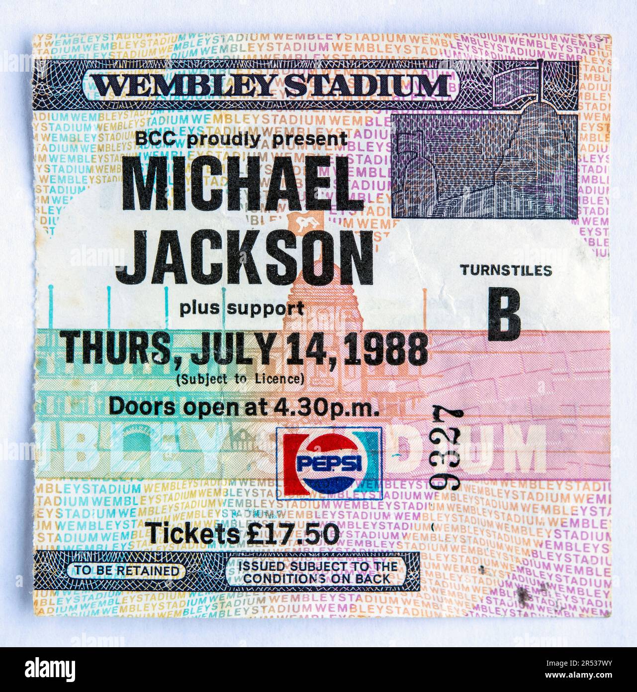 Konzertkarte für das Michael Jackson Konzert im Wembley Stadium in London, Großbritannien, im Juli 1988 Stockfoto