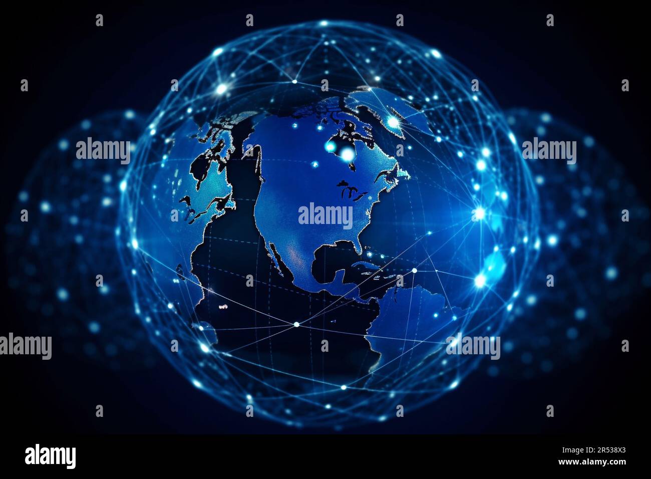 Dunkelblauer High-Tech-Planet Erde-Hologramm. Globale Kommunikationstechnologie und Telekommunikationsnetz. Stockfoto