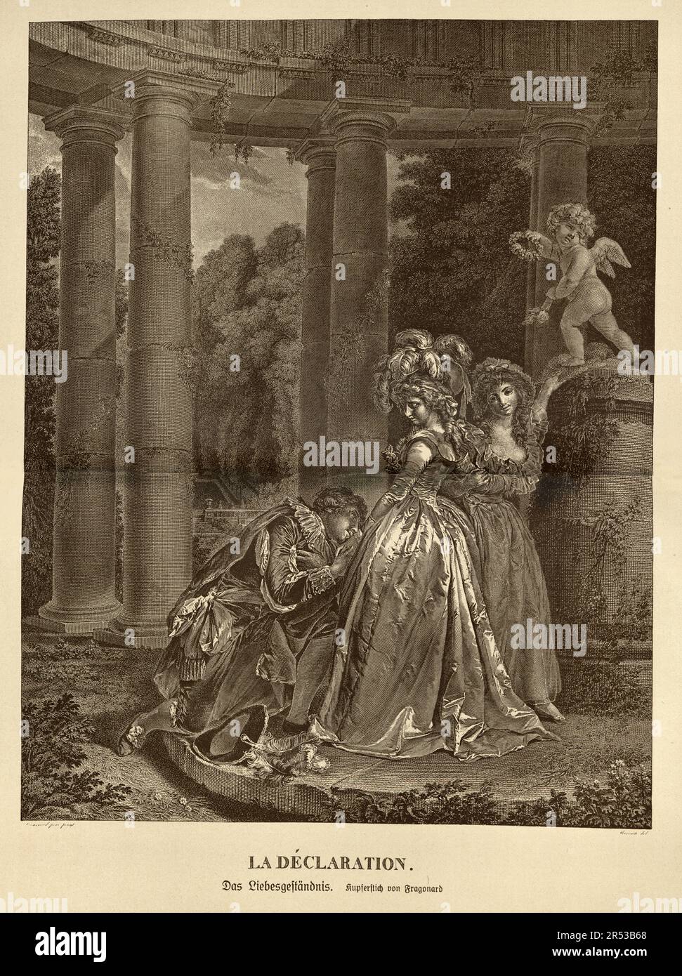 Ein Mann, der einer schönen Frau seine Liebe erklärt, romantische Kunst des 18. Jahrhunderts, Romantik Stockfoto