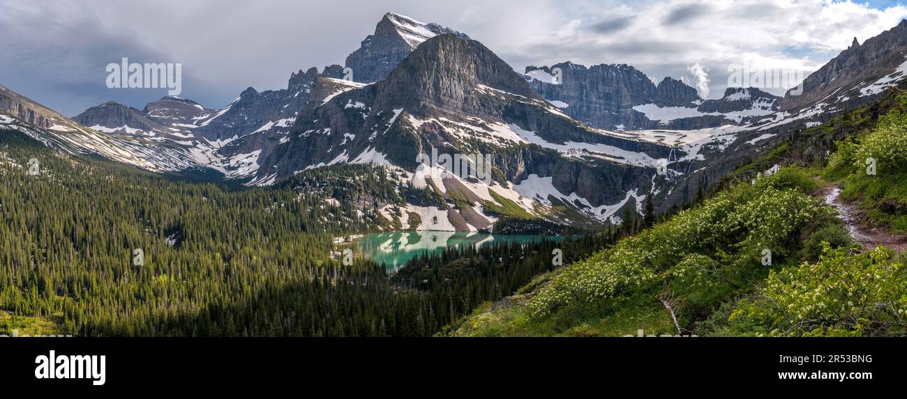 Spring Mountain Trail - Ein Panoramablick vom Frühling auf Mt. Gould, Angel Wing und Grinnell Lake, Many Glacier, Glacier National Park, Montana, USA. Stockfoto