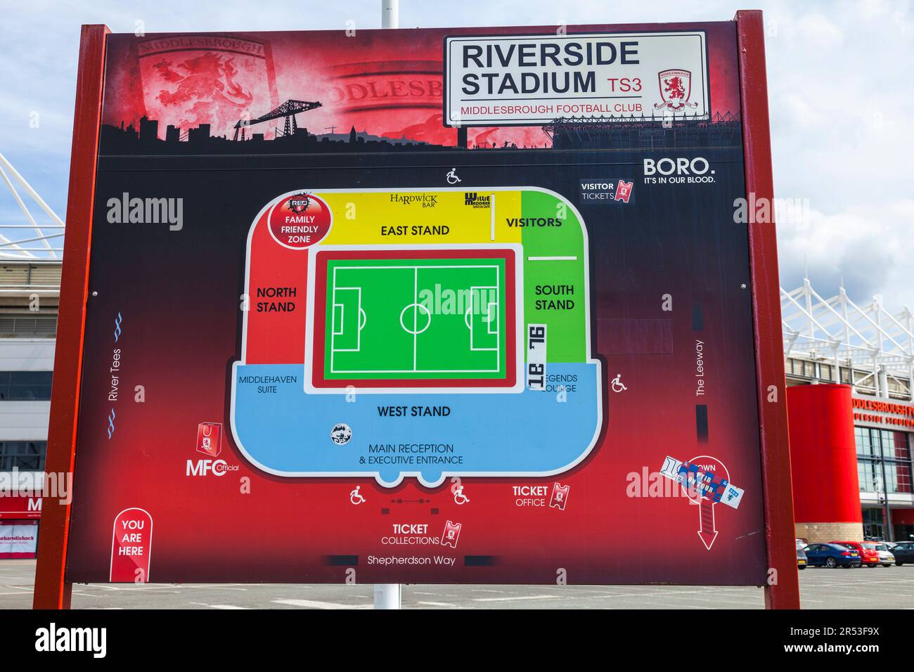 The Riverside Stadium, Heimstadion des Middlesbrough Football Club, England, Großbritannien. Schild mit Grundriss Stockfoto