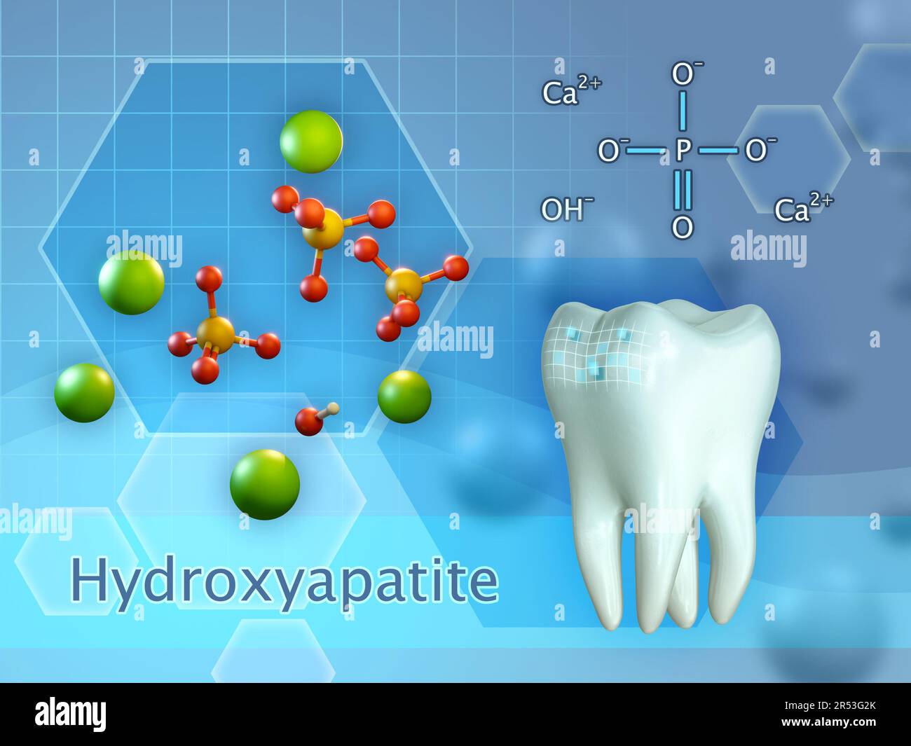 Chemische Formel für Hydroxylapatit. Digitale Illustration, 3D-Rendering. Stockfoto