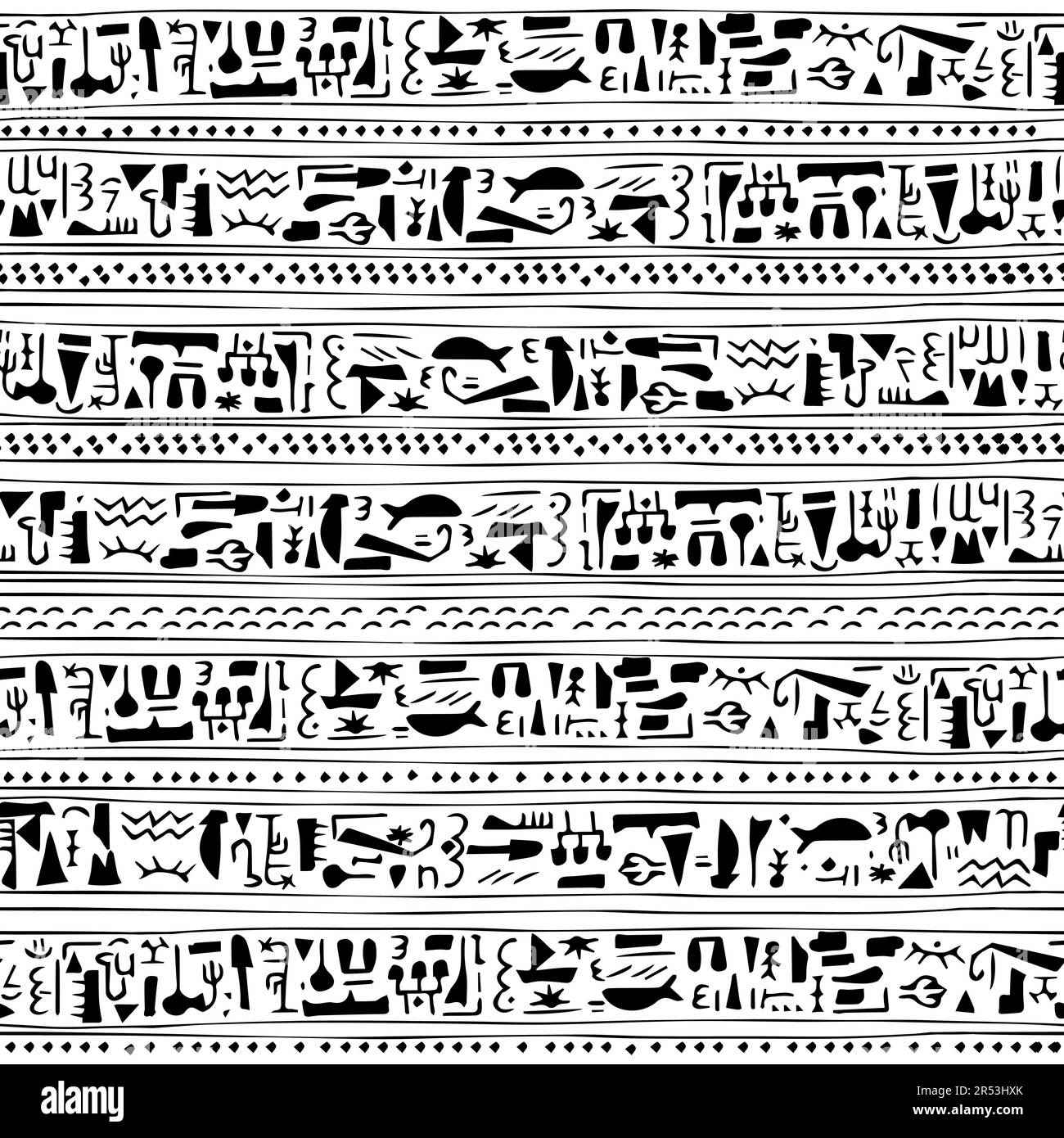 Fesselnde Vektorgrafiken mit handgezeichneten Symbolen, die ägyptischen Hieroglyphen ähneln, nahtloses Muster für einen Hauch von Geheimnissen und Geschichte Stock Vektor