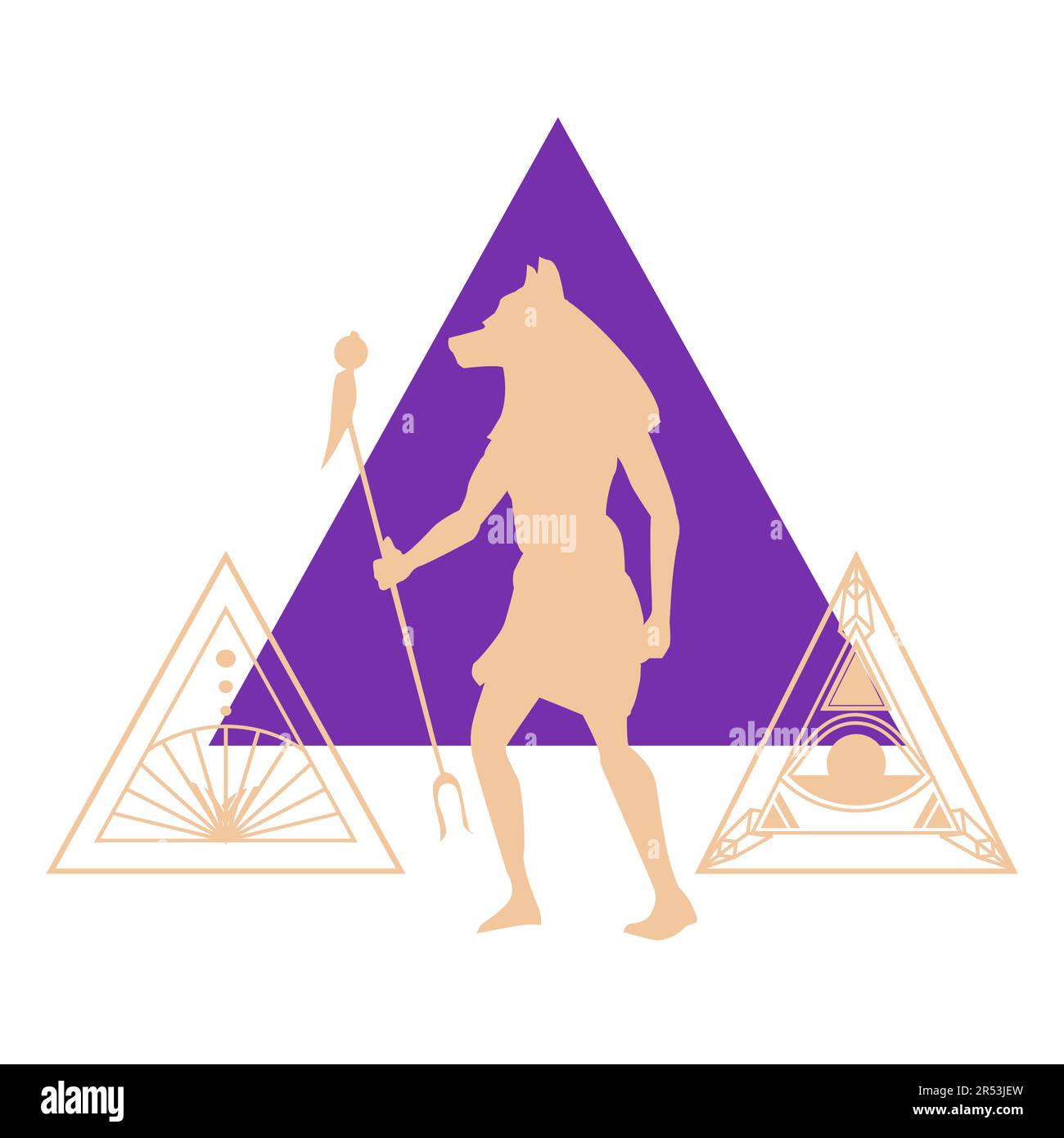 Design für T-Shirts des gottes anubis neben einem violetten Dreieck. vektordarstellung zu esoterischen Themen des alten ägypten Stock Vektor