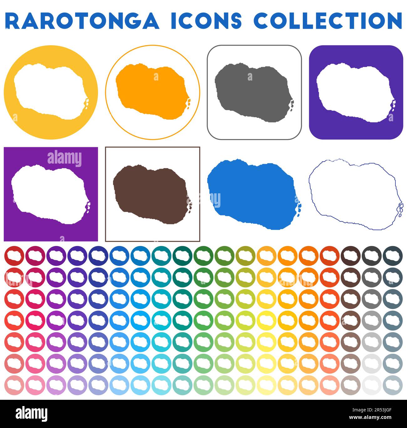 Rarotonga Icons Kollektion. Bunte, trendige Kartensymbole. Modernes Rarotonga-Abzeichen mit Inselkarte. Vektordarstellung. Stock Vektor