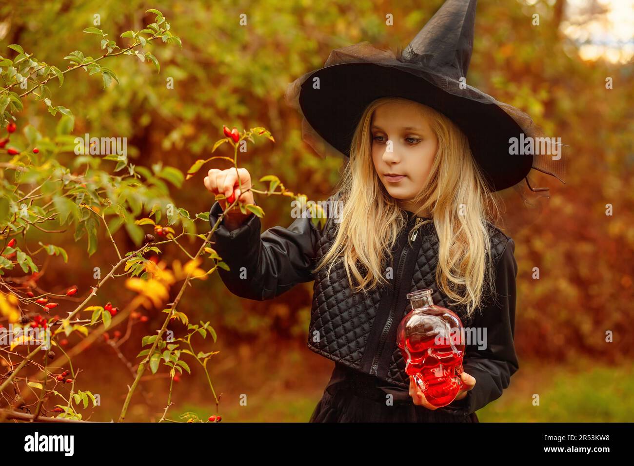 Eine kleine Hexe sammelt wilde Beeren für einen Trank, hält eine Flasche in Form eines Schädels mit einer roten Flüssigkeit in ihren Händen. Stockfoto