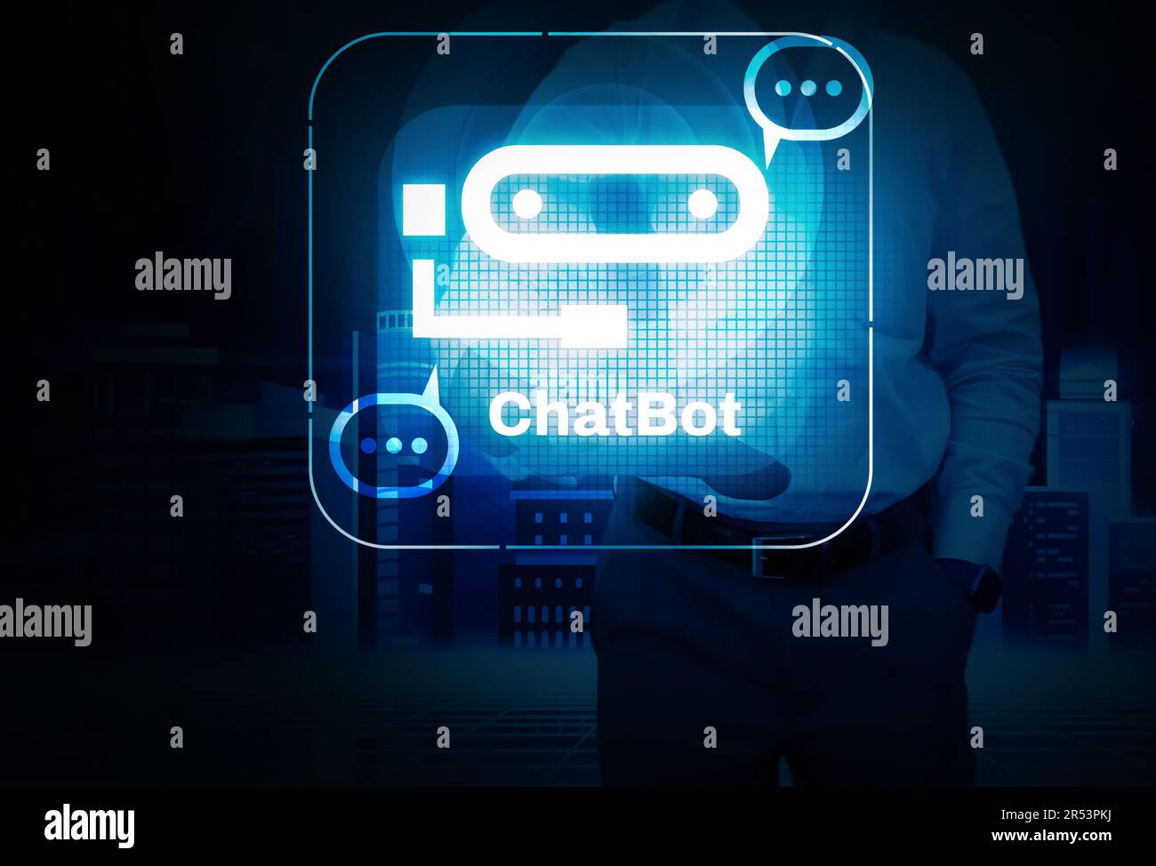 Online-Chatbot-Hintergrund mit Mann, der ein leuchtendes Zeichen des ai-Tools berührt. Futuristische Chatbot-Konzeption im Hintergrund Stockfoto