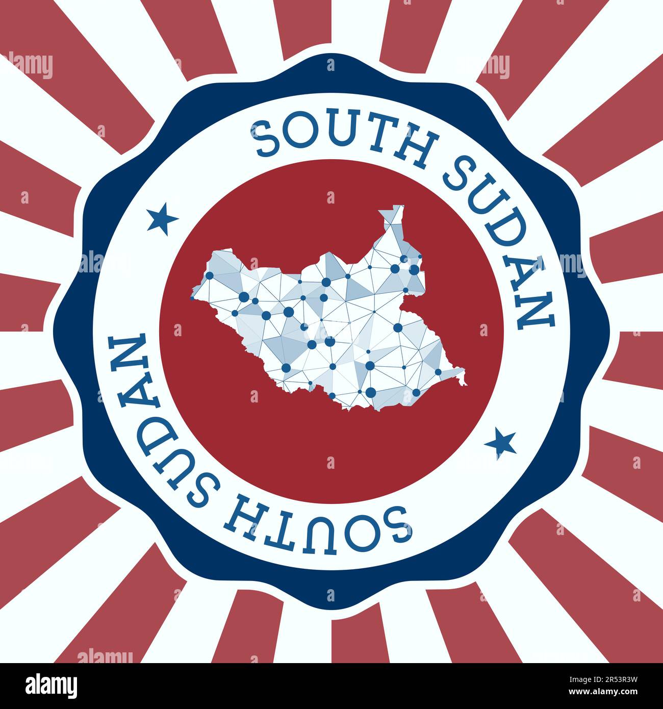 Südsudan-Abzeichen. Rundes Logo des Landes mit dreieckiger Netzkarte und Radialstrahlen. Stock Vektor