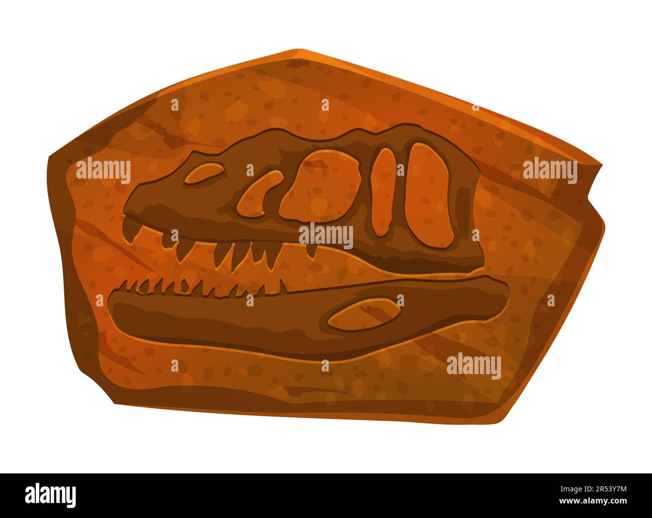 Räuberische Dinosaurier-Fossilienkopf-Prägung in Stein. Prähistorisches Tierkörperchen Fossil, Jurassic Reptile oder Dino Skull Skelett Paläontologie Museum Rock o Stock Vektor