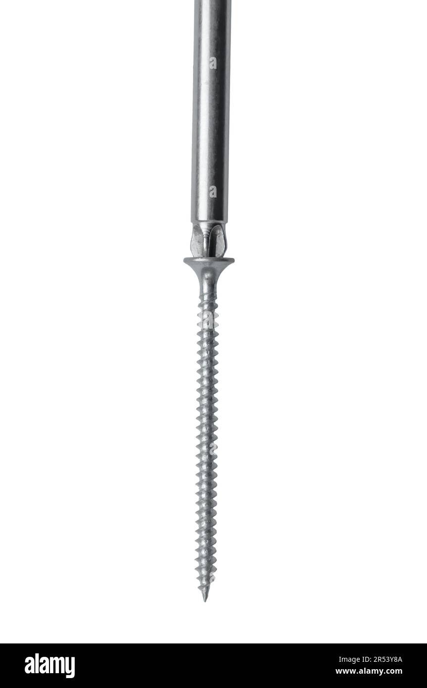 Nahaufnahme einer weißen selbstschneidenden Schraube und eines Schraubendrehers auf weißem Hintergrund. Für Konstruktionen im Zusammenhang mit Bauprojekten, Heimwerkerprojekten oder Heimwerkerprojekten. Stockfoto