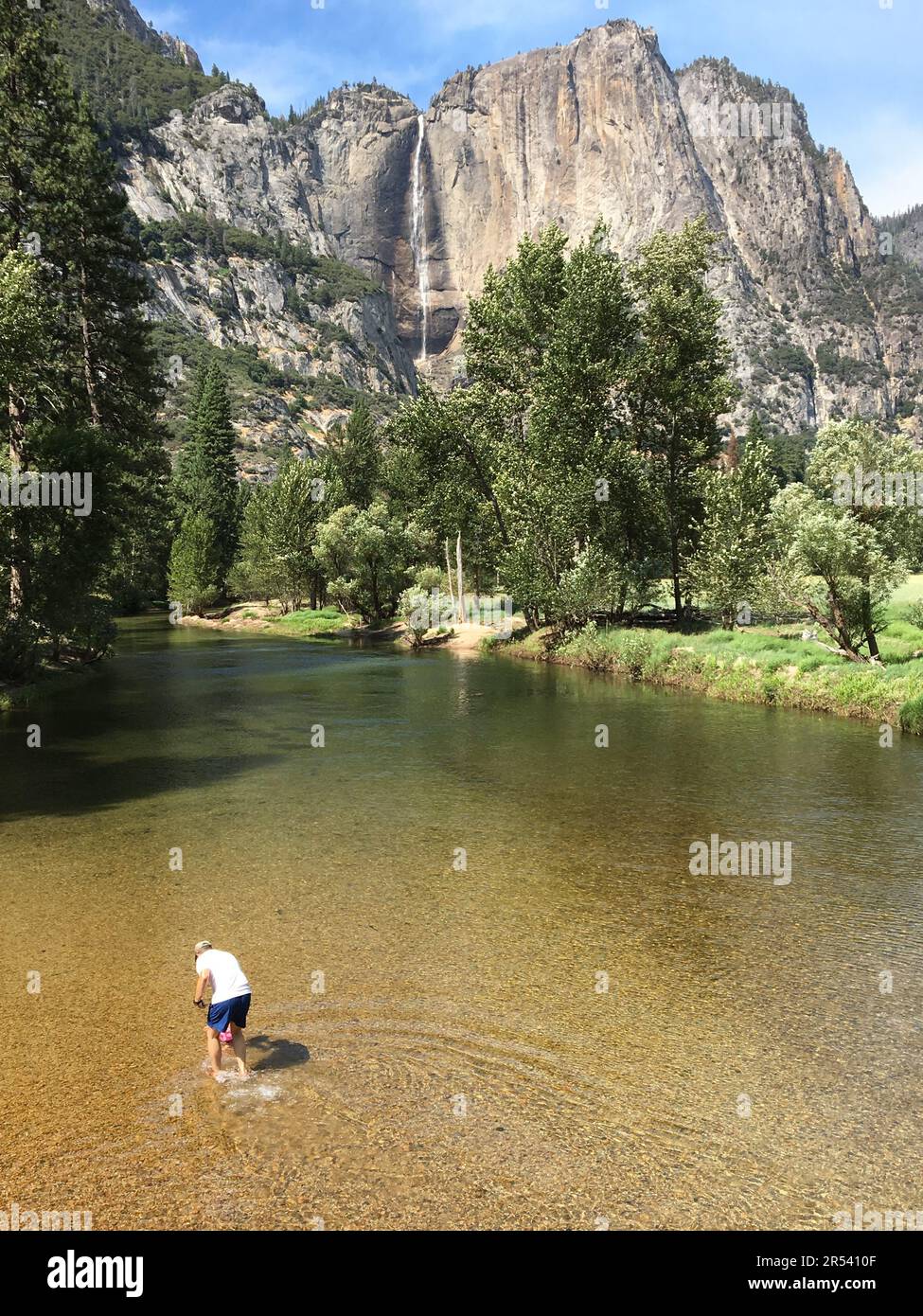 Ein erwachsener Mann waten in den Merced River und genießen einen Blick auf die Wasserfälle der Yosemite Falls im Yosemite National Park, Kalifornien Stockfoto