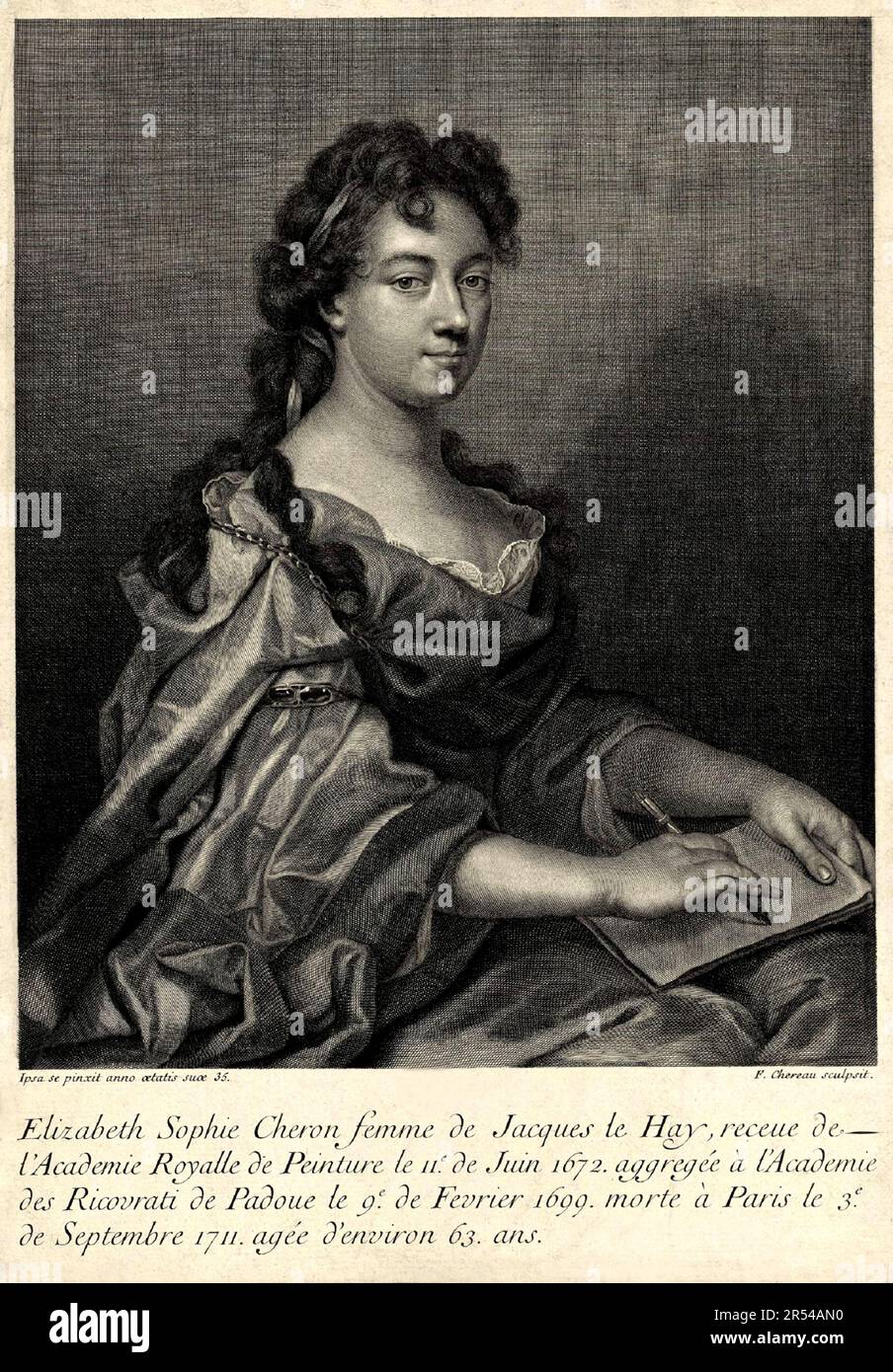 1683 , FRANKREICH : die französische barocke Malerin , Dichterin und Musikerin ELISABETH SOPHIE CHERON de HAY ( Chéron , 1648 - 1711 ) , 35 Jahre alt , in einem Selbstporträt , eingraviert von F. Chereau . - AUTORITRATTO - GESCHICHTE - FOTO STORICHE - RITRATTO - ARTE - VISUAL ARTS - ARTI VISIVE - PITTORE - PITTRICE - BAROCCO - BAROCCA - PITTRICE - GRAVUR - INCISIONE - POESIA - POESIE - POESIE - POET - MUSICA CLASSICA - MUSIK - KLASSISCH - COMPOSITORE - MUSIK KOMPONIST - COMPOSITRICE --- ARCHIVIO GBB Stockfoto