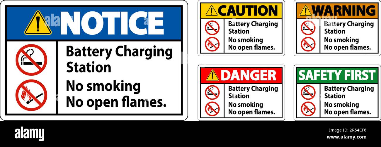Gefahrenschild Batterieladestation, Rauchen Verboten, Offenes Feuer Verboten Stock Vektor