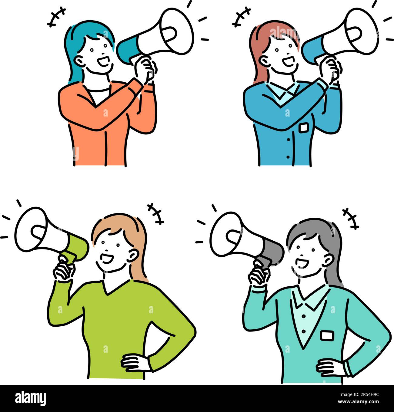 Junge Frau mit Megaphon-Vektorbildsatz Stock Vektor