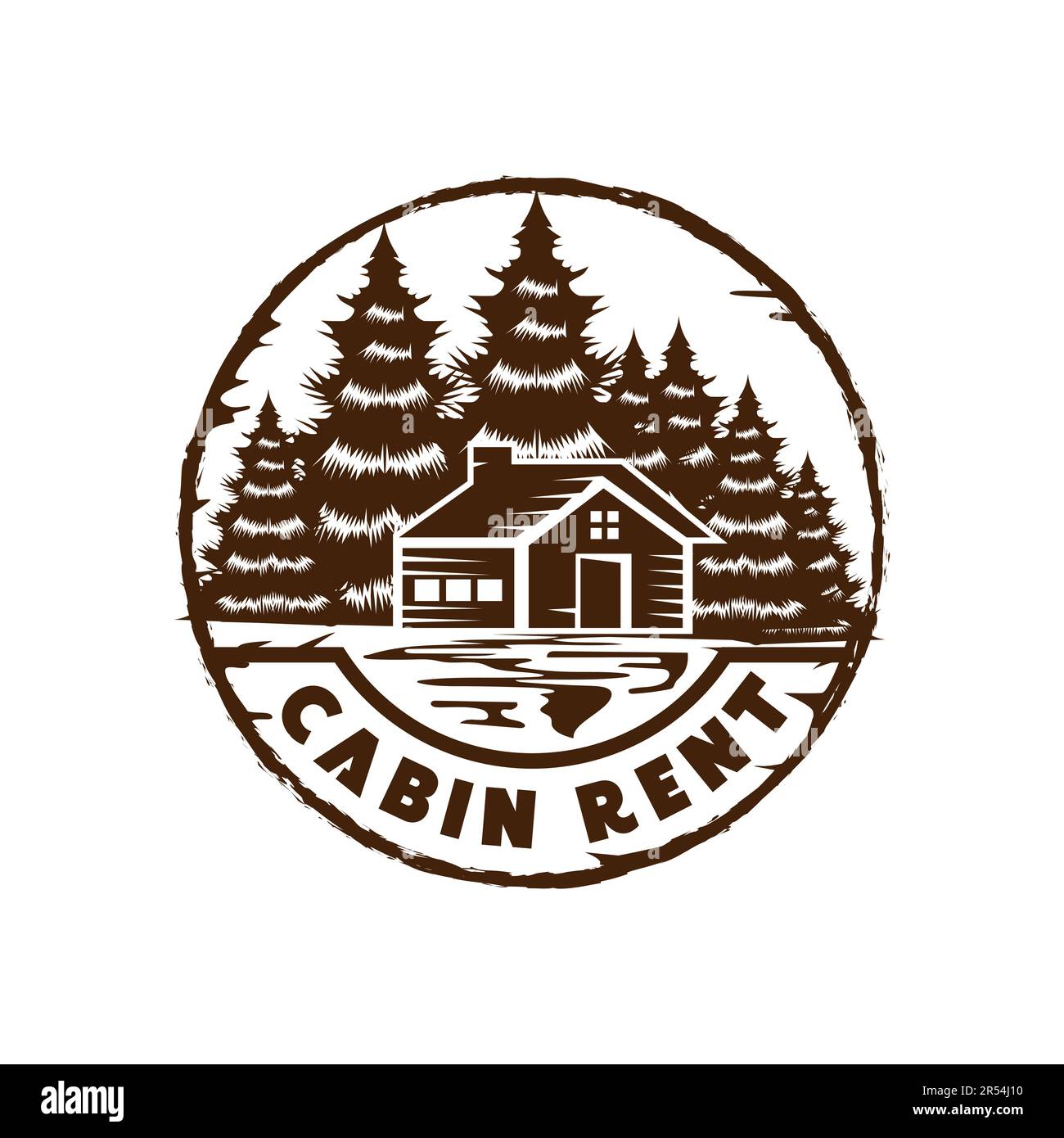 Vintage Retro Circular Pine Trees Forest mit Miete Cabin Chalet Logo Design Vector Stock Vektor