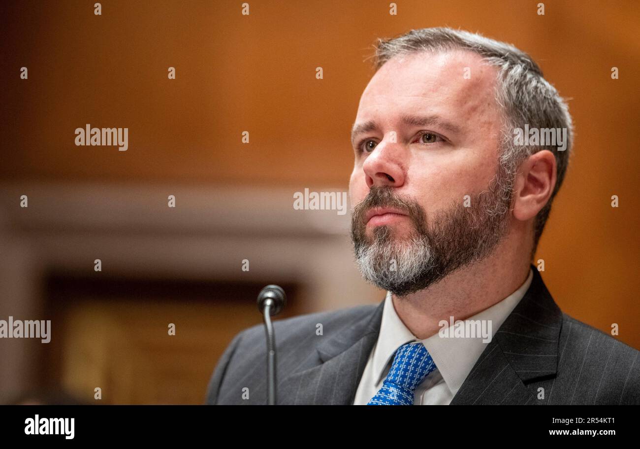 Washington, Usa. 31. Mai 2023. Kevin Walsh, Director, Information Technology and Cybersecurity, USA Government Accountability Office, erscheint vor einem Senatsausschuss für innere Sicherheit und Regierungsangelegenheiten - Unterausschuss für aufkommende Bedrohungen und Ausgabenaufsicht Anhörung, um die Sicherung der Nation zu untersuchen, mit Schwerpunkt auf der Modernisierung der missionskritischen IT-Systeme des Heimatschutzministeriums, im Dirksen Senate Office Building, in Washington, DC, USA, Mittwoch, 31. Mai 2023. Foto: Rod Lamkey/CNP/ABACAPRESS.COM Kredit: Abaca Press/Alamy Live News Stockfoto