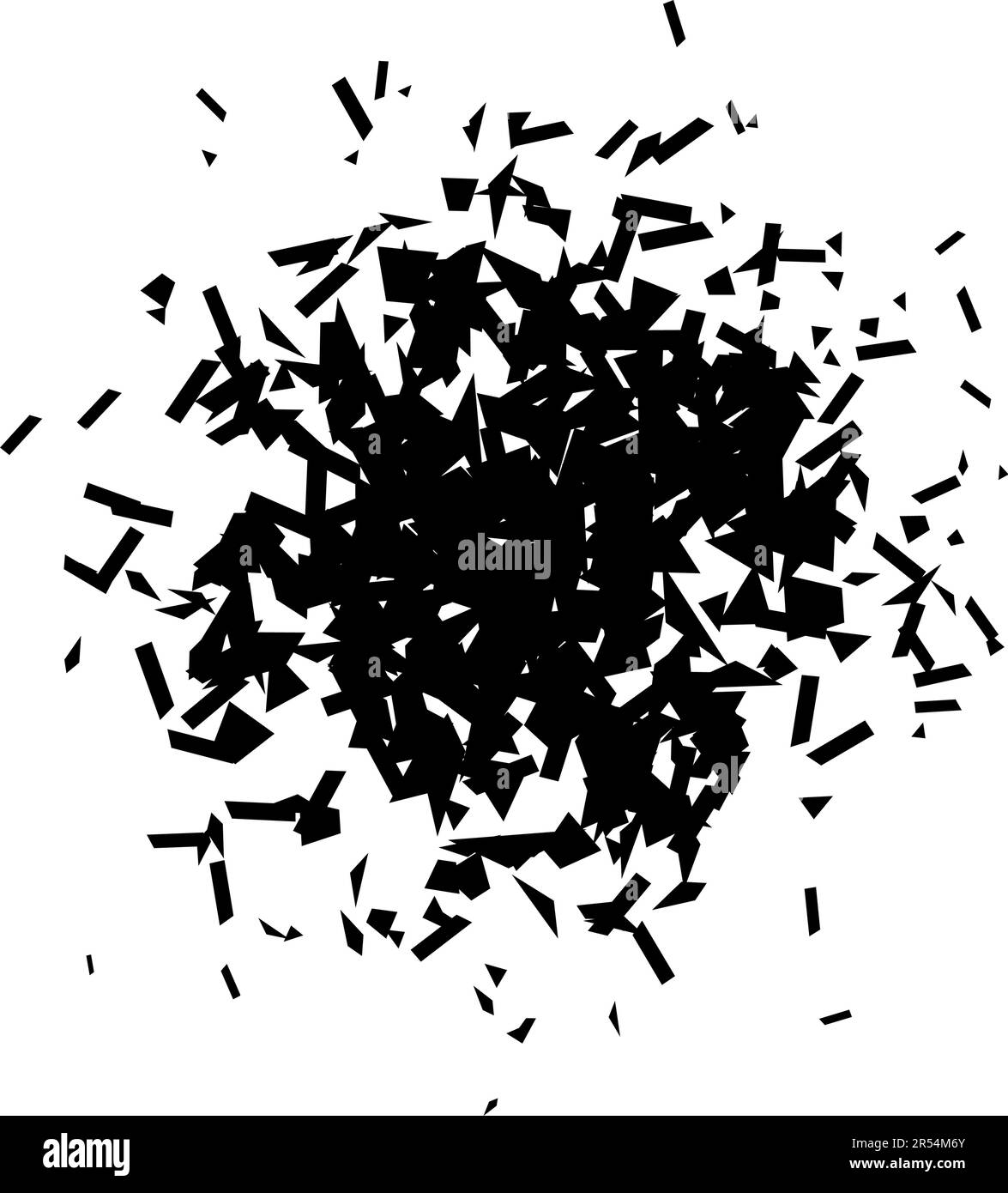 Schutt und Sprünge in radialer Form. Schwarze Bruchteile, Flecken, Flecken und Partikel. Abstrakte Explosion und geplatztes Texturelement. Vektordarstellung Stock Vektor