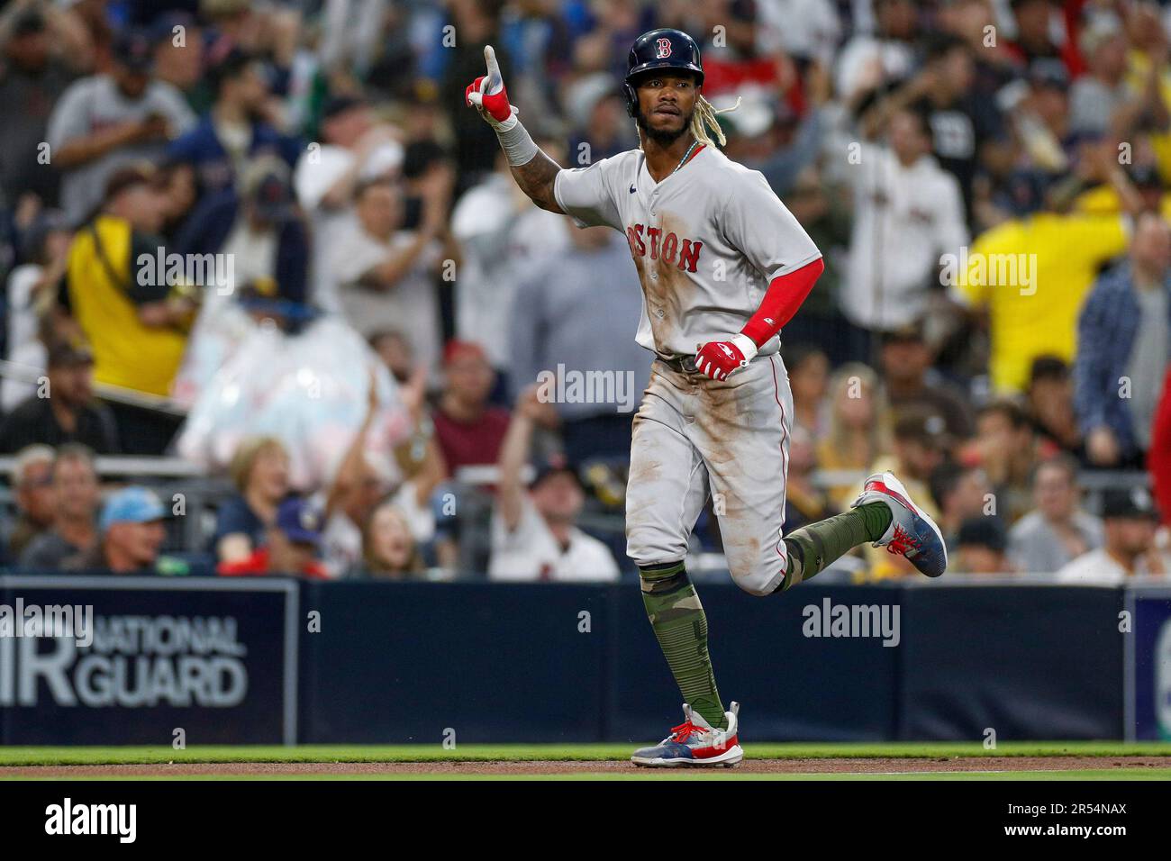 Boston Red Sox' Raimel Tapia gestures to celebrate a threerun home run