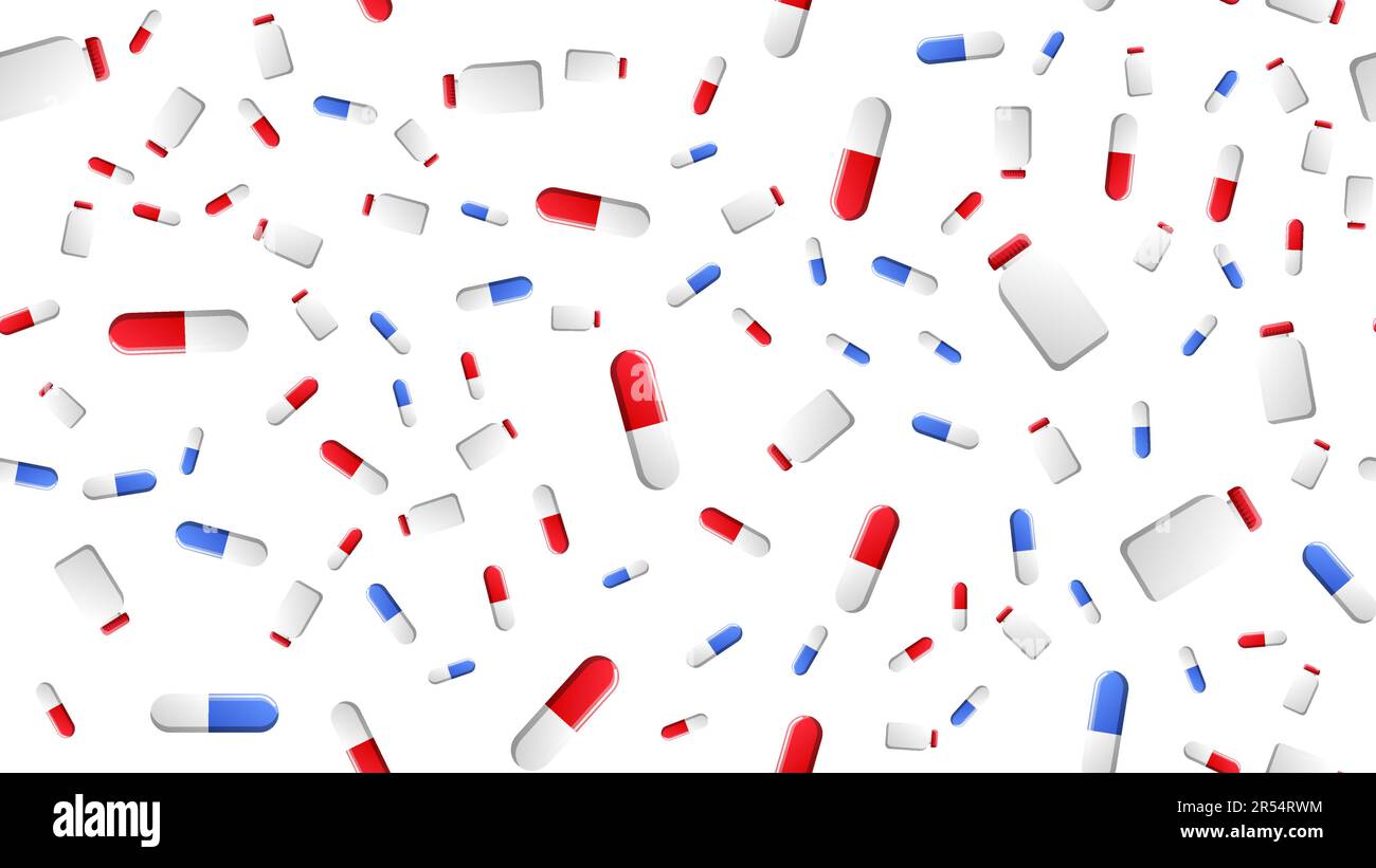 Endloses nahtloses Muster von medizinisch-wissenschaftlichen medizinischen Artikeln von pharmakologischen Gläsern für Pillen und Medizin Pillen Kapseln auf weißem Hintergrund. Vect Stock Vektor