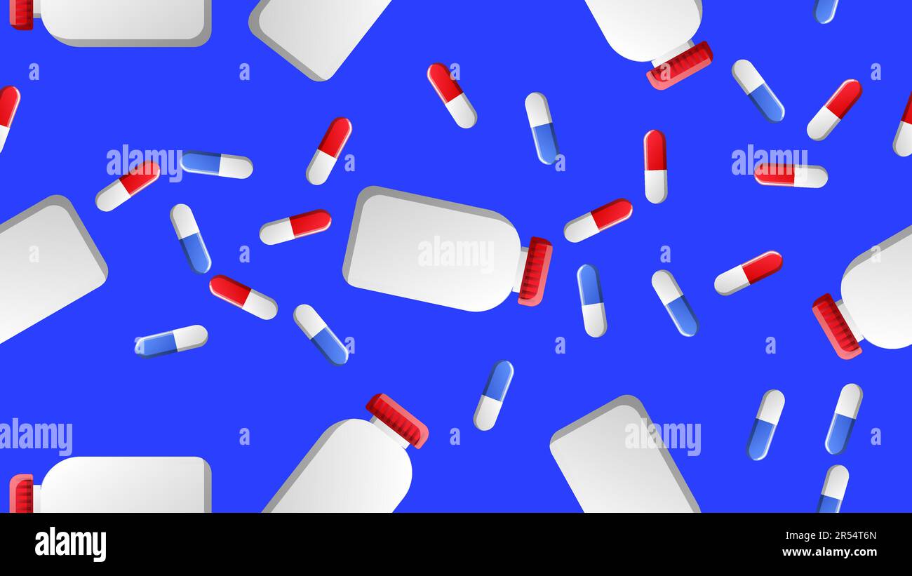 Endloses nahtloses Muster von medizinisch-wissenschaftlichen medizinischen Artikeln von pharmakologischen Gläsern für Pillen und Medizin Pillen Kapseln auf blauem Hintergrund. Vecto Stock Vektor