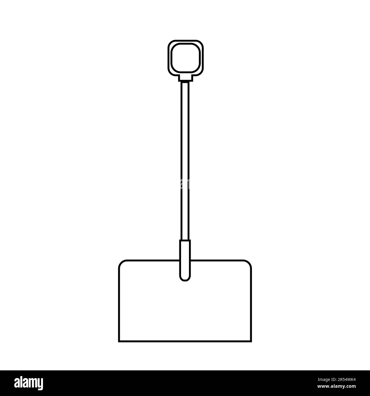 Schwarz-weißes Symbol einer schönen Schaufel mit Holzgriff zum Schneeräumen. Schneefräse im Garten auf weißem Hintergrund. Vektor illustr Stock Vektor