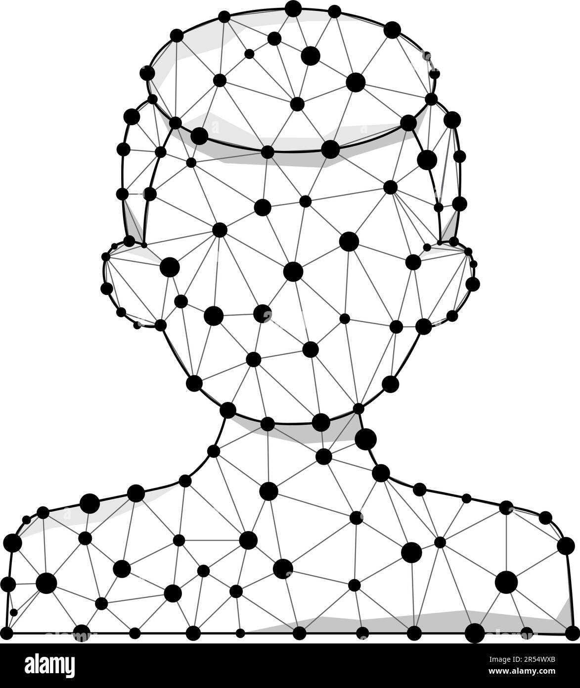 Wireframe Polygon Human Face – digitaler Mensch mit Linien- und Punktvektorsymbol. Konzept des schwarzen geometrischen Roboters. Biometrische Silhouette mit niedrigem Poly Stock Vektor