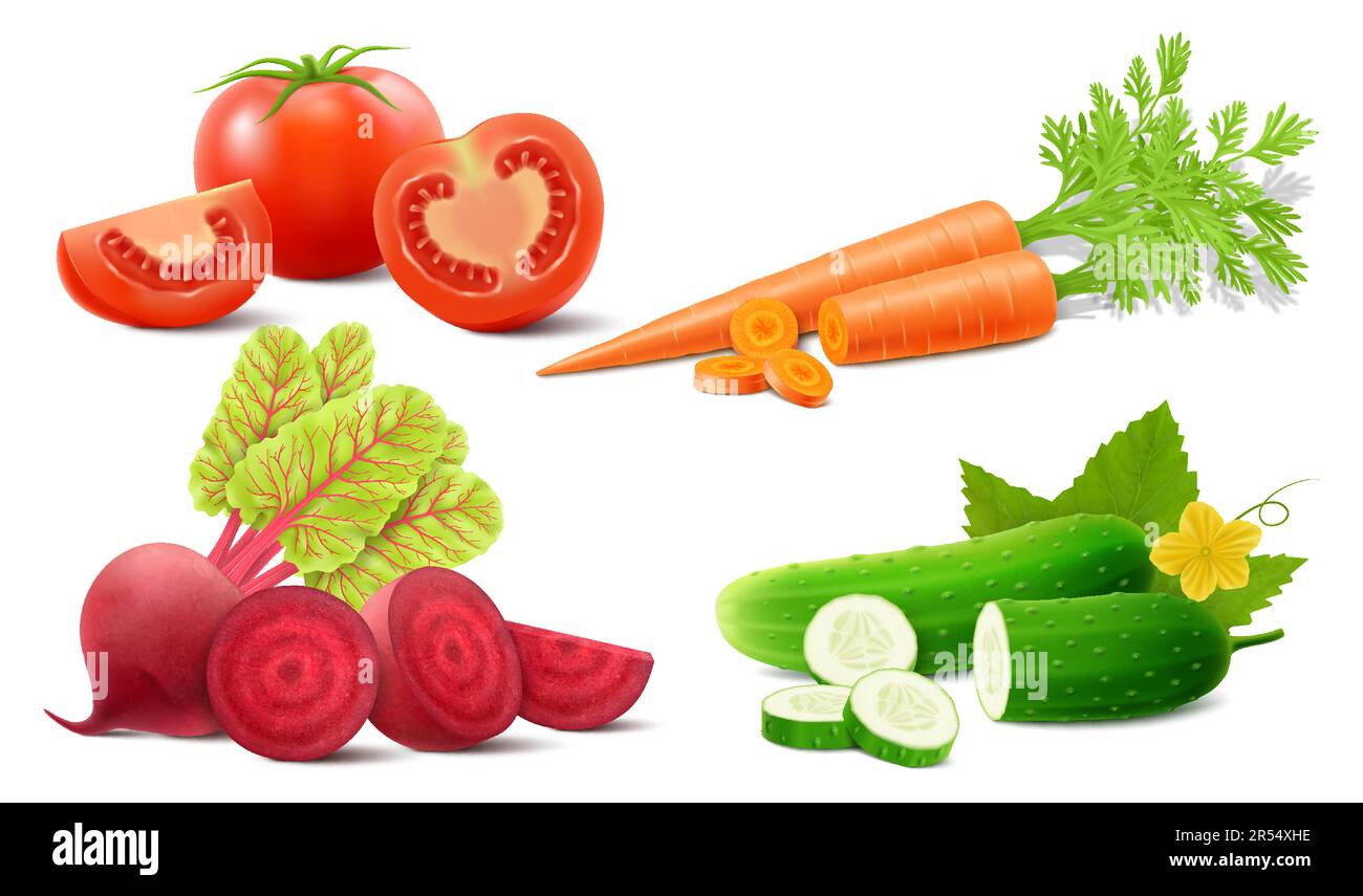 Set aus frischem, reifem Gemüse aus Tomaten, Karotten, Gurken und Rüben. Realistische 3D-Vektordarstellung auf weißem Hintergrund isoliert. Kann als Packa verwendet werden Stock Vektor