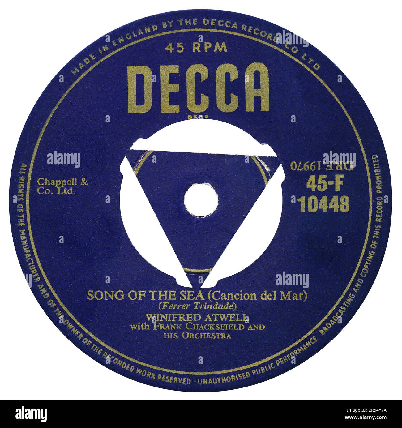 45 RPM 7' UK-Rekordlabel von Song of the Sea (Cancion Del Mar) von Winifred Atwell mit Frank Chacksfield und seinem Orchester auf dem Decca-Label von 1955. Geschrieben von Ferrer Trindade. Stockfoto