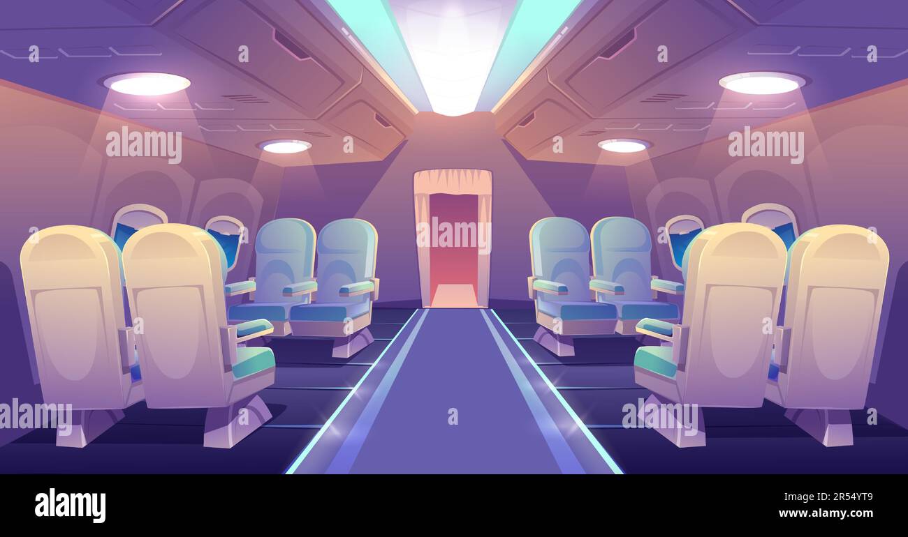 Business-Klasse im Flugzeug, leeres Interieur. Innenansicht mit privatem Jet oder luxuriöser Flugzeugkabine mit komfortablen Sitzen. Beleuchteter Salongang mit Stühlen für vip-Personen, Cartoon-Vektorgrafik Stock Vektor