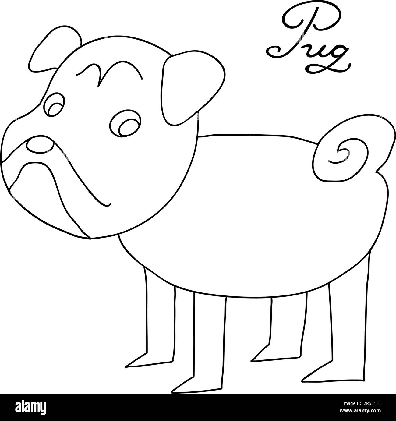 Pug Dog Schwarz-Weiß, handgezeichnetes Cartoon-Porträt. Lustiger, glücklicher Pug. Hunde, Haustiere, Designelement, Symbol, Logo. Stock Vektor