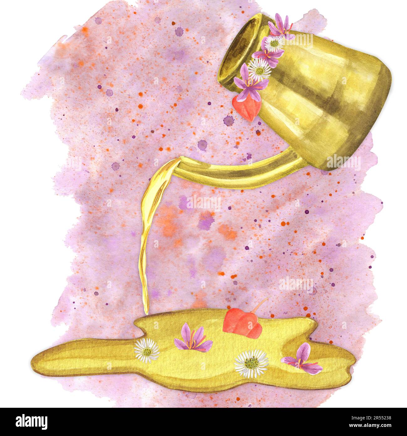 Handgezeichnete Aquarelldarstellung. Ayurvedischer Messingtopf mit langem Sprossen, das Öl gießt. Dekoriert mit Safran und Bring-araj-Blumen und Aschenhai Stockfoto