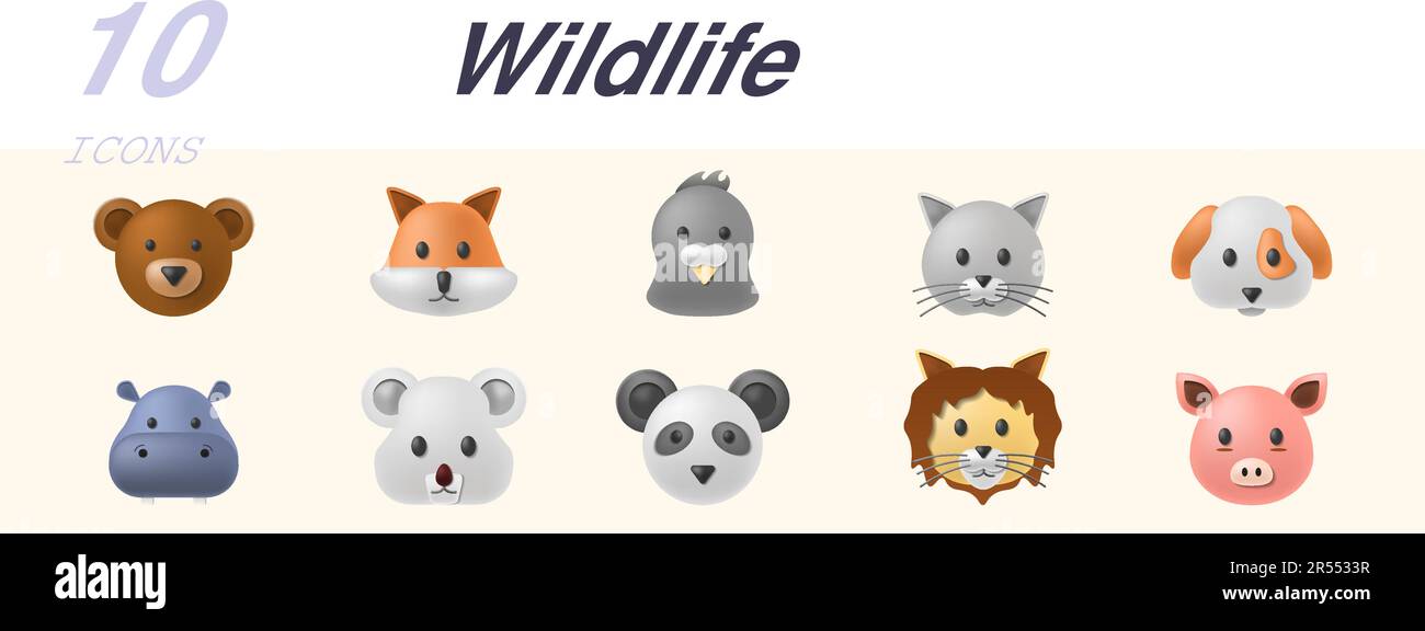 Wildtiere bereit. Kreative Symbole: Bär, Fuchs, Robbe, Katze, Hund, Nilpferd, Koala, Panda, Löwe, Schwein. Stock Vektor