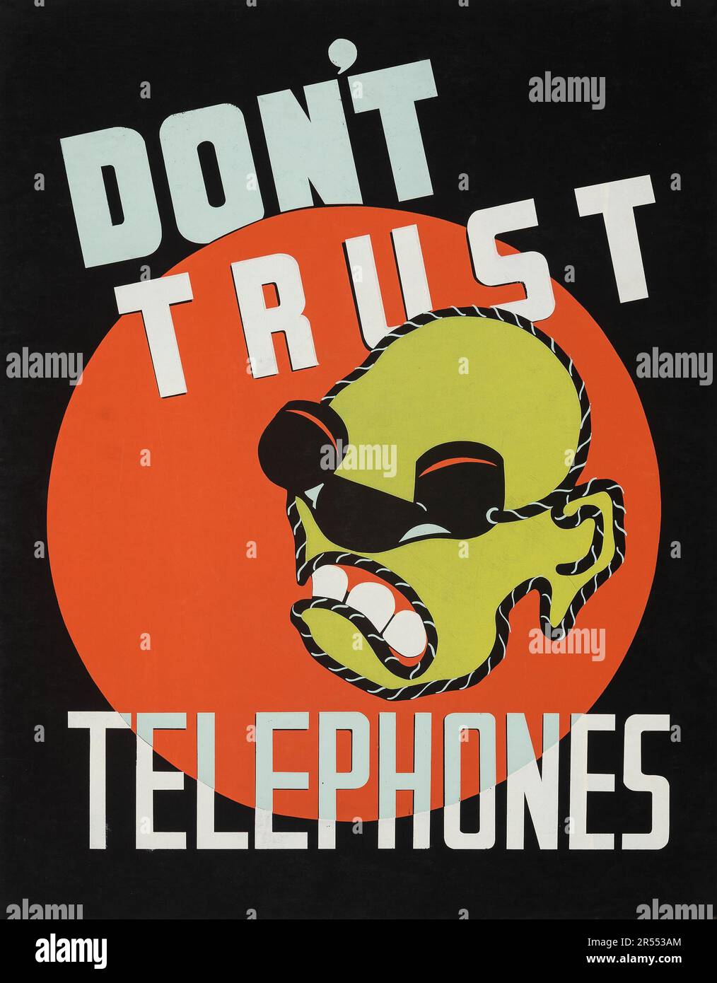 Amerikanische Propaganda aus dem Zweiten Weltkrieg (USA Government Printing Office, 1940er) Jumbo Window Card - "Don't Trust Telephones" Japanisch anhören Stockfoto