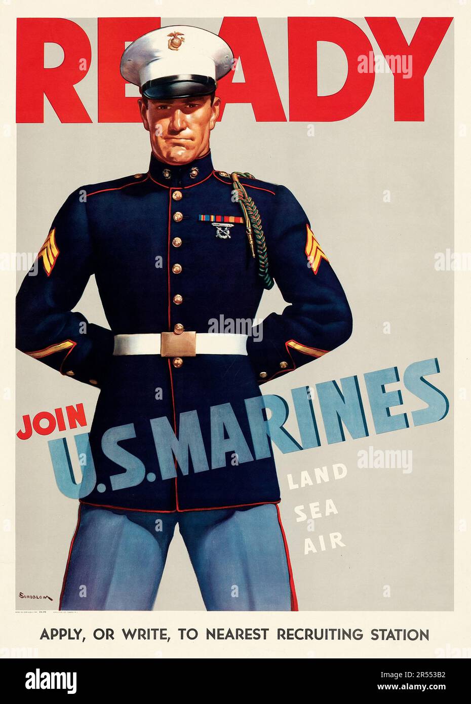 Amerikanische Propaganda aus dem Zweiten Weltkrieg (USA Government Printing Office, 1942) bereit, treten Sie den USA bei Marines, Land, See, Luft. Rekrutierungsposter - Sundblom-Kunstwerke Stockfoto