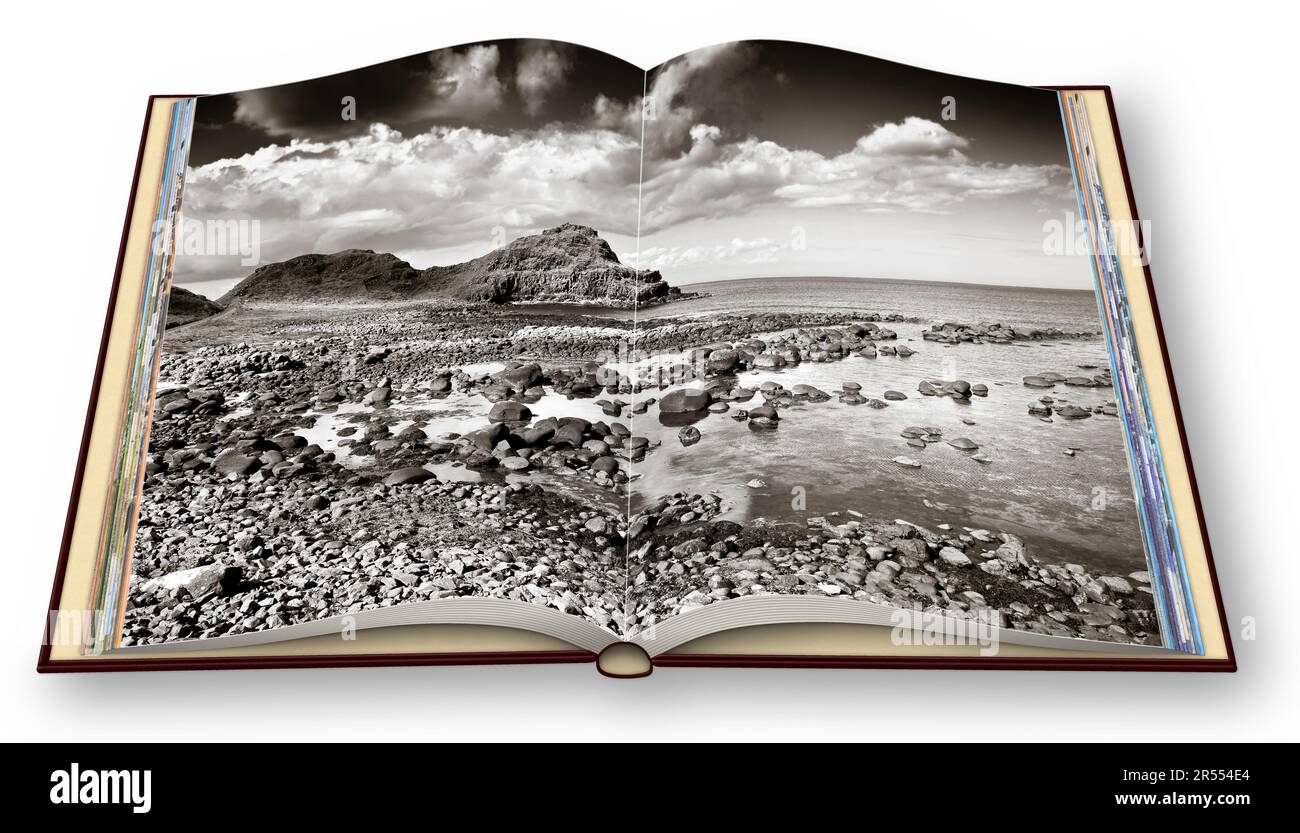 3D Darstellung eines geöffneten Fotobuchs mit irischer Landschaft (Nordirland - Vereinigtes Königreich). Ich bin der Urheberrechtsinhaber der Bilder, die in diesem 3D. Film verwendet werden Stockfoto
