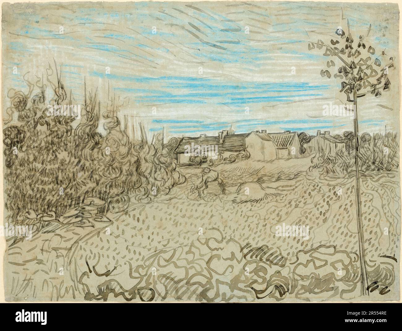 Vincent van Gogh, Cottages mit einer Frau, die im Vordergrund arbeitet, Cottages mit einer Frau, die im Mittelgrund arbeitet, Landschaftszeichnung 1890 Stockfoto