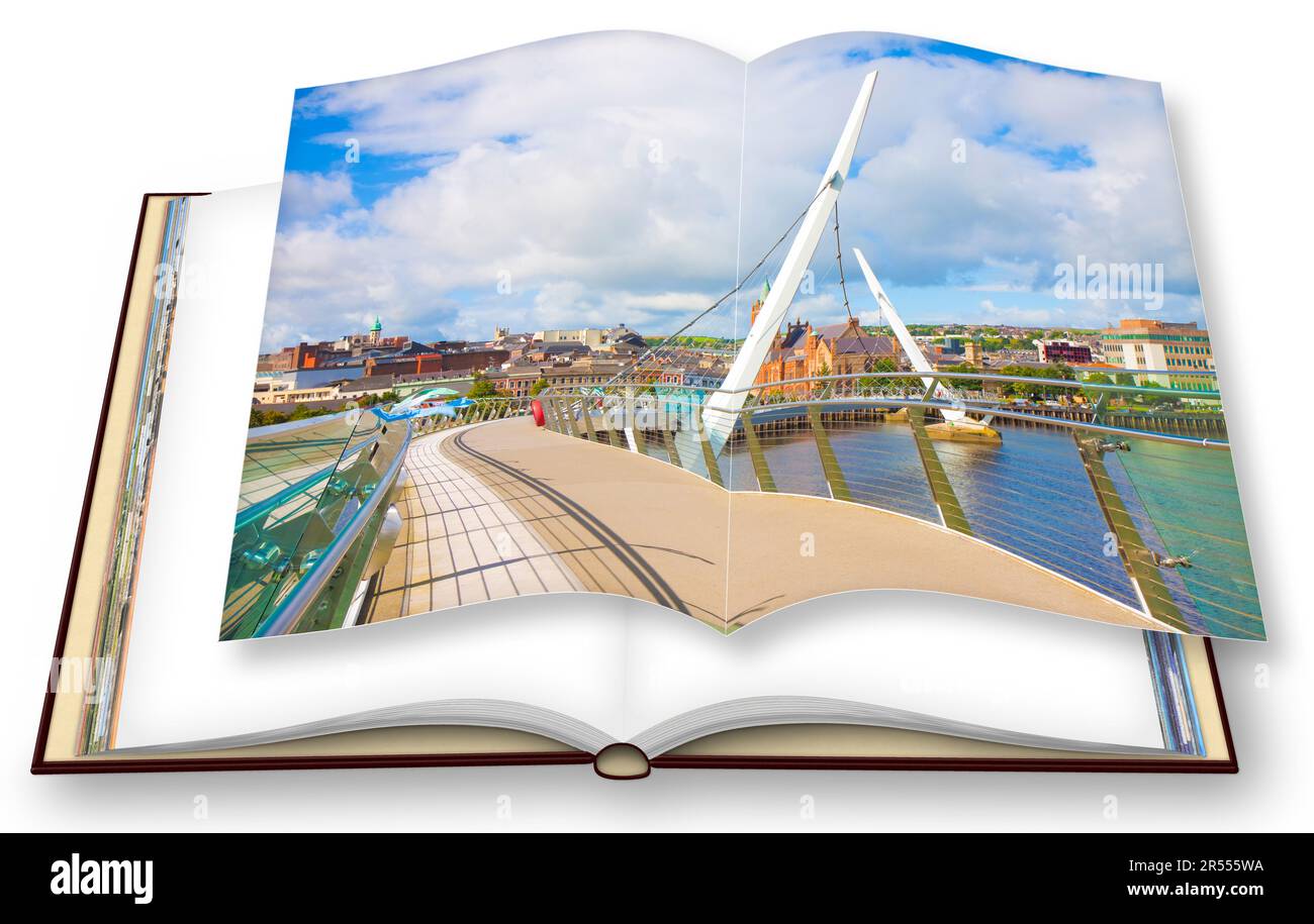 Die Skyline von Derry City (auch Londonderry genannt) in Nordirland mit der berühmten 'Peace Bridge' (Europa - Nordirland) - 3D Renderconce Stockfoto