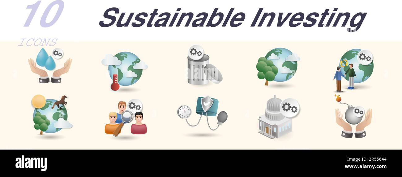 Nachhaltige Investitionen. Kreative Symbole: Wassereffizienz, Klimastabilität, Abfallwirtschaft, natürliche Ressourcen, Sozialmanagement, Biologische Vielfalt Stock Vektor