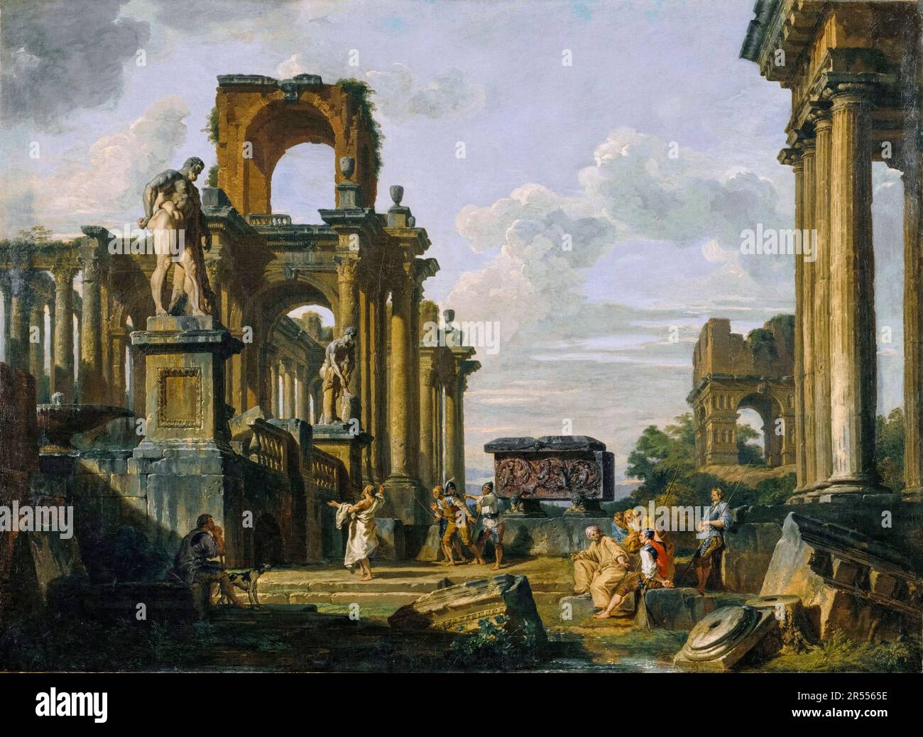 Giovanni Paolo Panini, ein architektonischer Capriccio des Forum Romanum mit Philosophen und Soldaten inmitten antiker Ruinen, darunter der Bogen der Janus Quadrifrons, der Sarcophag von Santa Constanza, der Farnese Herkules und der Cincinnatus, Gemälde 1745-1750 Stockfoto