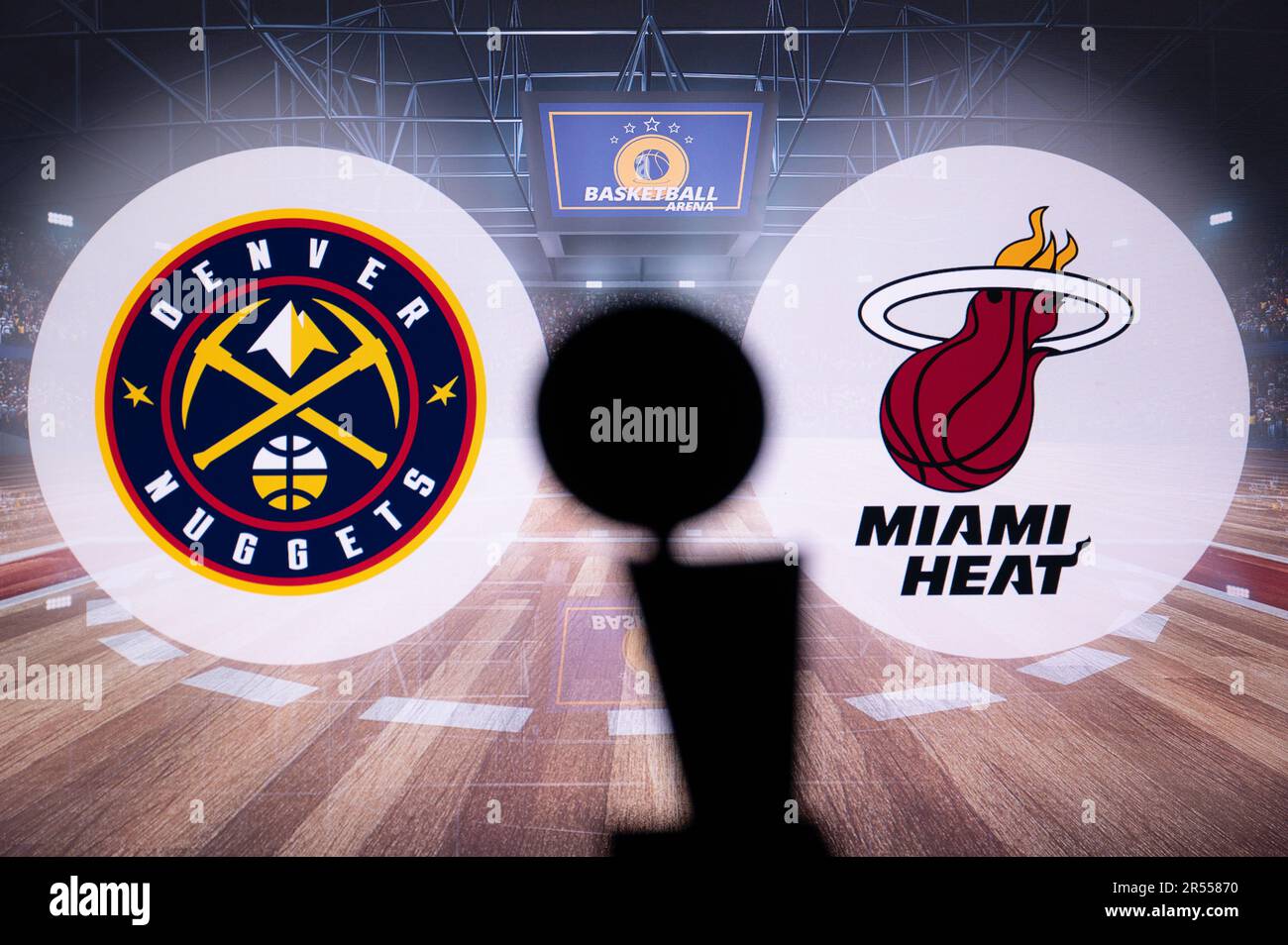 MIAMI, USA, 31. MAI 2023: Einblicke in Größe: Denver Nuggets gegen Miami Heat Clash in den NBA-Finals mit dem legendären Larry O'Brien Championship Trop Stockfoto