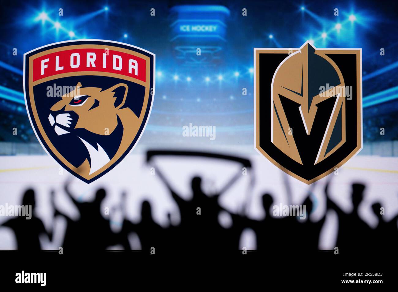 FLORIDA, USA, 31. MAI 2023: Finale des NHL Stanley Cup. Florida Panthers gegen Vegas Golden Knights, Silhouette von Fans, die die NHL-Teams in Ho anfeuern Stockfoto
