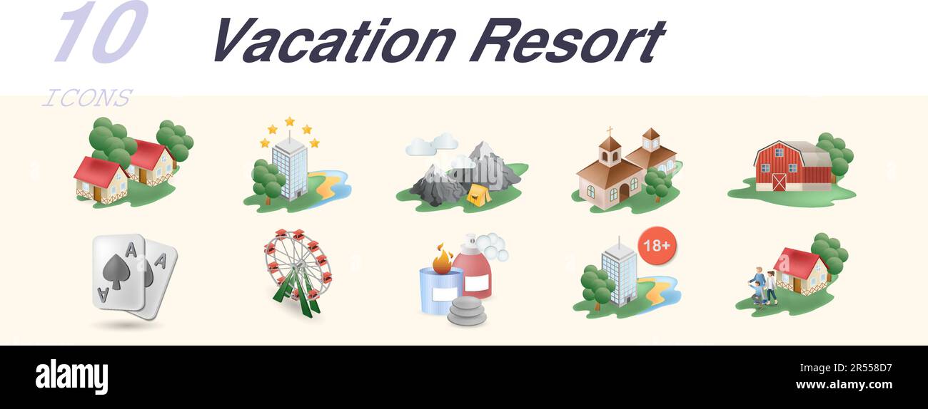 Urlaubsort-Set. Kreative Ikonen: Erholungsort, All-Inclusive-Resort, Ökotourismus, Ranches, Casino, Vergnügungspark, Spa-Resort, nur für Erwachsene Stock Vektor