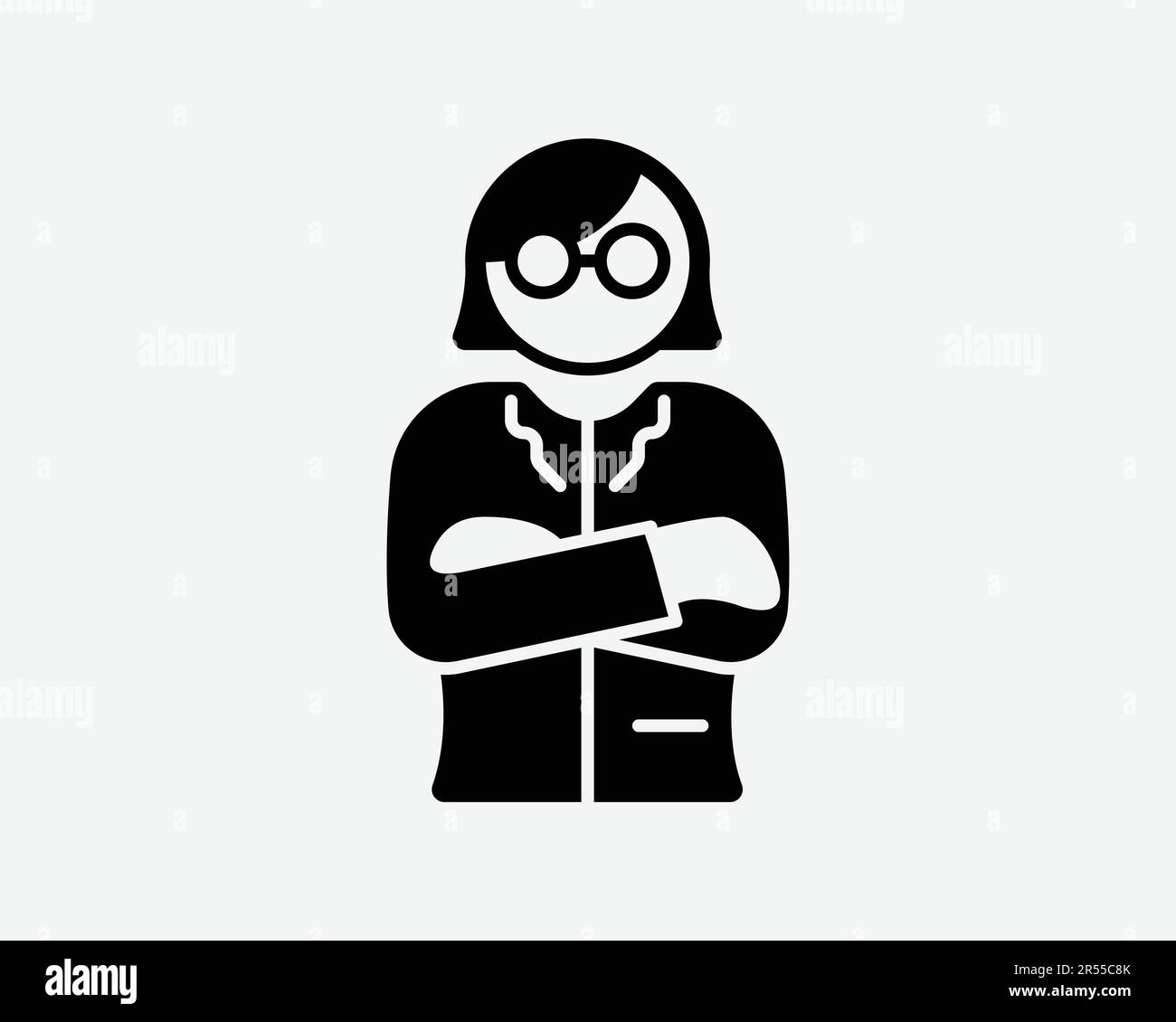 Symbol Weiblicher Aufsatz. Weibliche Arbeitgeberin, Angry Worker, Mitarbeiter, Arm geklappt, Symbol mit Kreuzzeichen, schwarze Grafik, Illustration, Clipart EPS-Vektor Stock Vektor