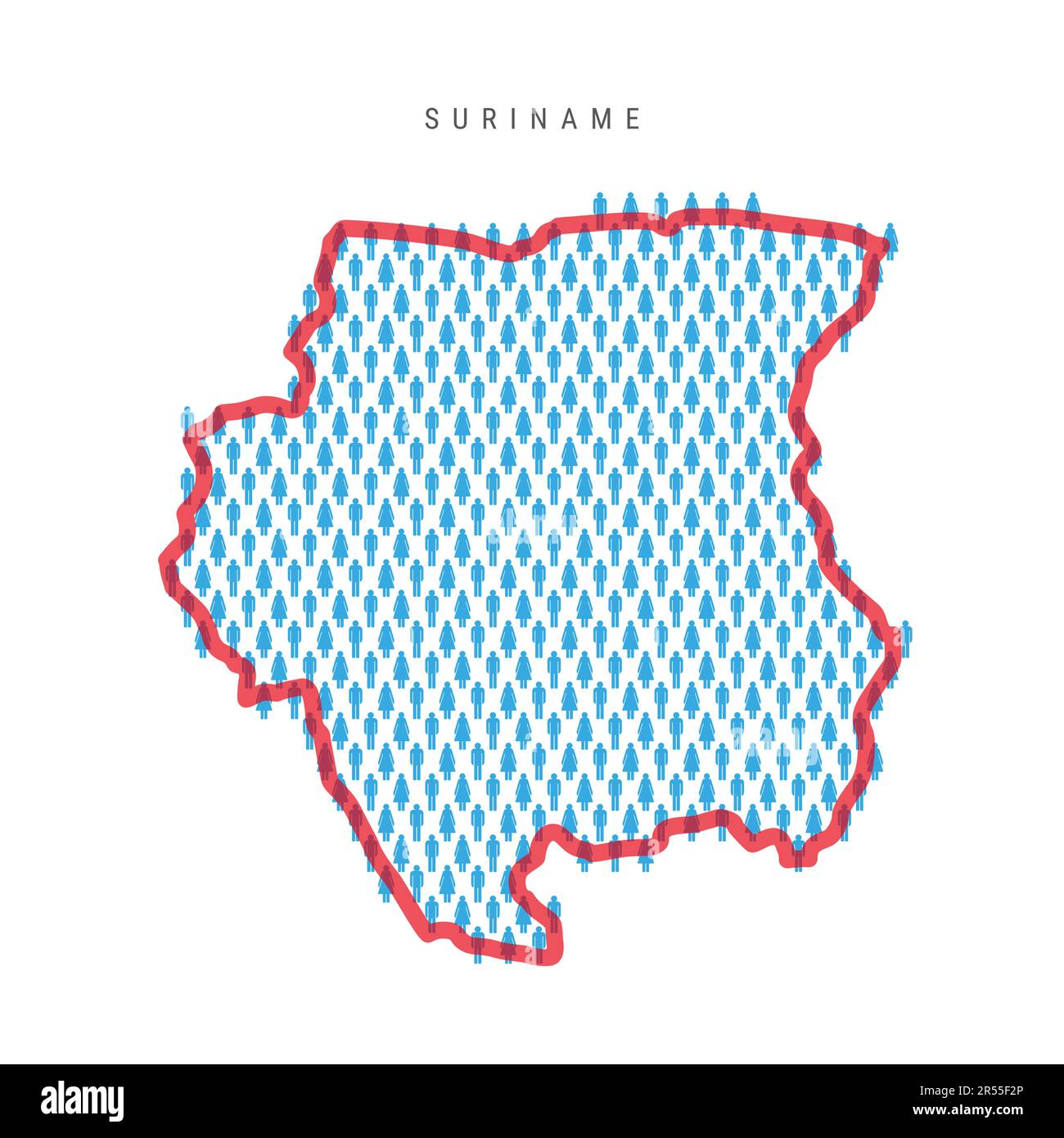 Suriname-Populationskarte. Strichfiguren Suriname Karte mit auffälliger roter, durchsichtiger Landesgrenze. Muster von Männer- und Frauensymbolen. Isolierter Vektor Stock Vektor
