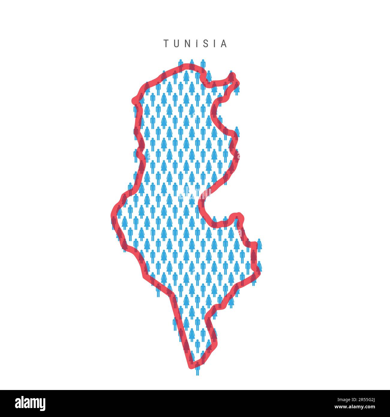 Bevölkerungskarte Tunesien. Striche-Figuren Karte der tunesischen Bevölkerung mit auffälliger roter, durchsichtiger Landesgrenze. Muster von Männer- und Frauensymbolen. Isolierter Vektor il Stock Vektor