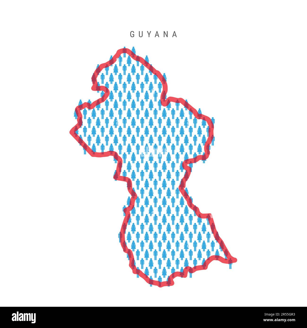 Einwohnerkarte Guyana. Strichfiguren Guyanesische Landkarte mit auffälliger roter, durchsichtiger Landesgrenze. Muster von Männer- und Frauensymbolen. Isolierter Vektor krank Stock Vektor