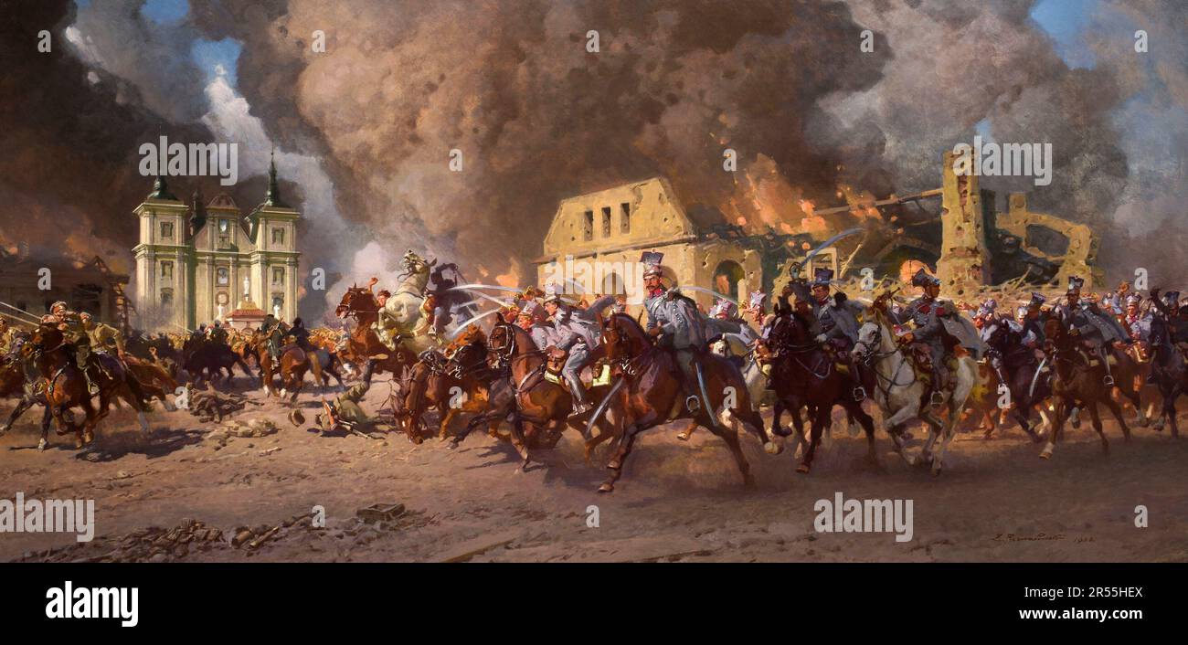 Schlacht zwischen der 1. Brigade der polnischen Legionen und den russischen Truppen in Urzedow im Juli 1915 treibt Belina die Russen aus Urzedow, einer historischen, digital restaurierten Reproduktion eines Originals der damaligen Zeit. / Schlacht zwischen der 1. Brigade der polnischen Legionen und den Russen Truppen in Urzedow im Juli 1915, Belina verreibt die Russen aus Urzedow, Historisch, digital restaurierte Reproduktion von einer Vorlage aus der damaligen Zeit Stockfoto