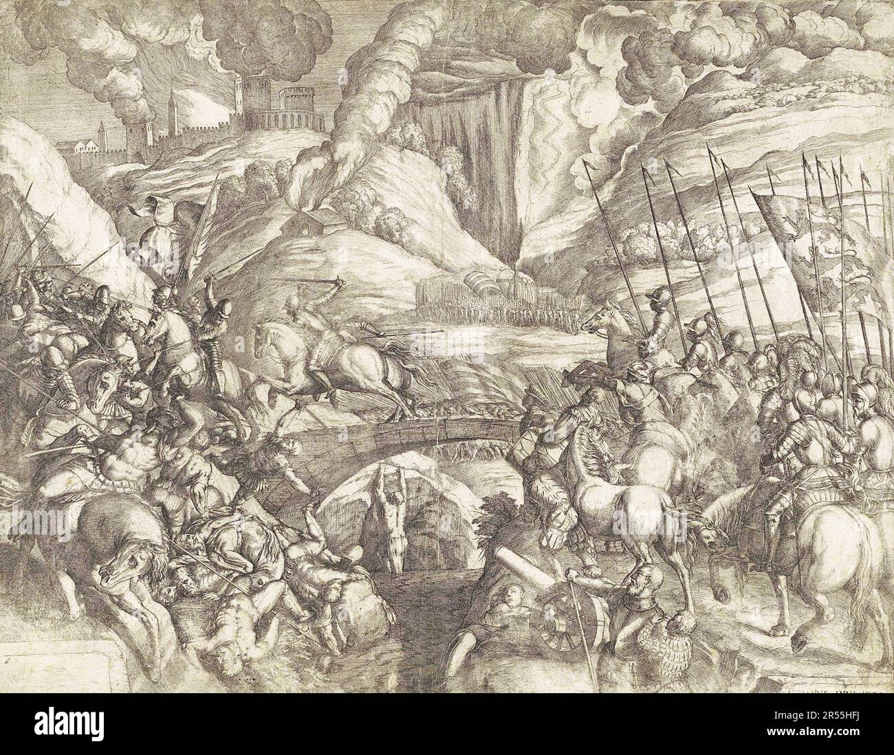 Die Schlacht von Cadore, auch bekannt als die Schlacht von Rio Secco oder Rusecco, war eine Schlacht, die in der Nähe von Pieve di Cadore während der Eröffnungsphase des Krieges der Liga von Cambrai, Teil der italienischen Kriege, am 2. März 1508 stattfand. Digital wiederhergestellte Reproduktion aus einem Original dieser Zeit / die Schlacht von Cadore, auch bekannt als die Schlacht von Rio Secco oder Rusecco, war eine Schlacht, die in der Nähe von Pieve di Cadore während der Eröffnungsphase des Krieges der Liga von Cambrai, einem Teil der Italienischen Kriege, 2. März 1508 stattfand, Historisch, digitales Restaurant Stockfoto