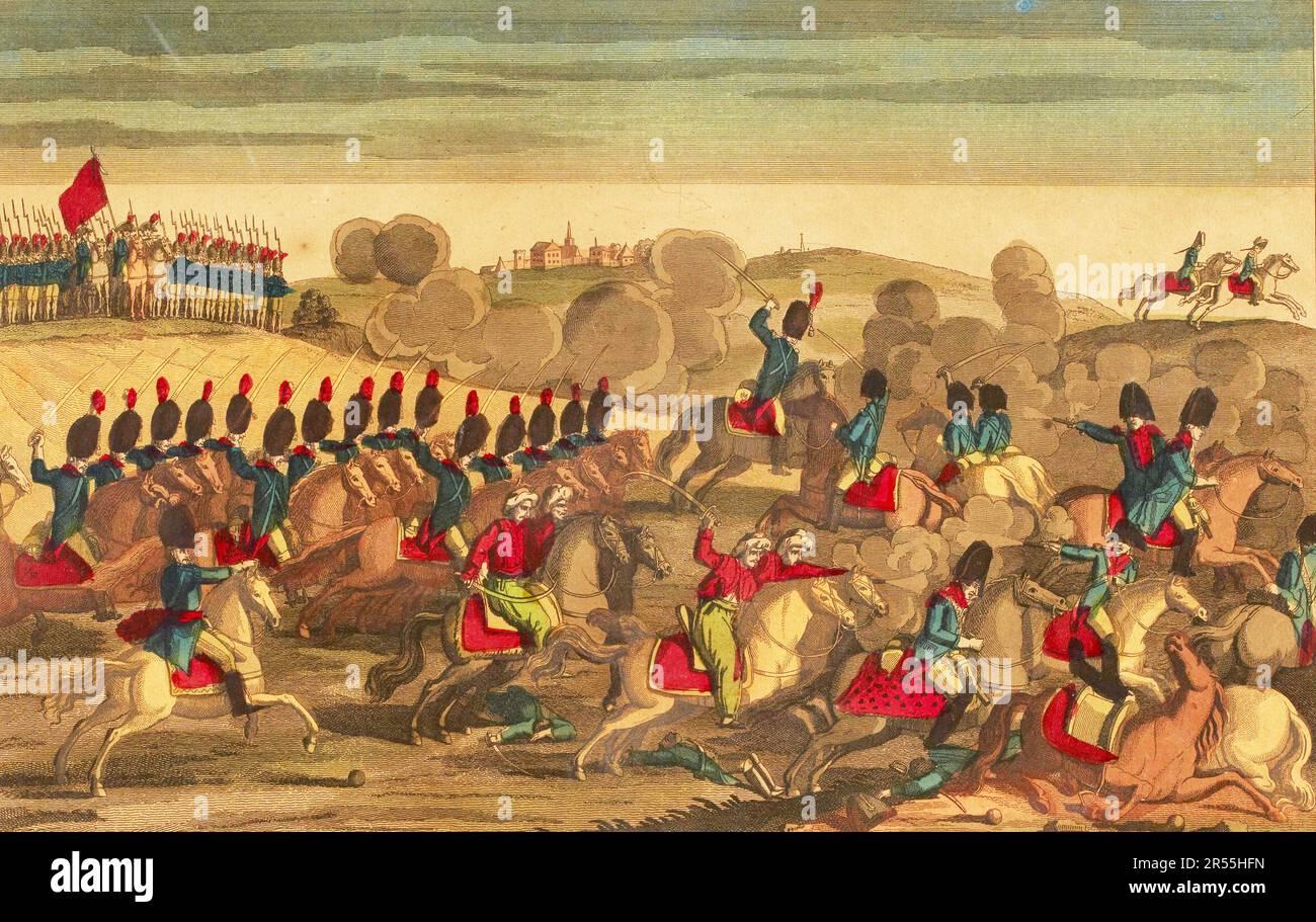 Schlacht von Austerlitz, Bataille d'Austerlitz, auch Schlacht der drei Kaiser genannt, am Montag, den 2. Dezember 1805. Es ist eine der berühmtesten Schlachten der Napoleonischen Kriege, historische, digital restaurierte Reproduktion eines Originals der Zeit. / Schlacht bei Austerlitz, Bataille d’Austerlitz, auch die drei-Kaiser-Schlacht genannt, am Montag, dem 2. Dezember 1805. Sie ist eine der bekanntesten Schlachten der Napoleonischen Kriege, Historisch, digital restaurierte Reproduktion von einer Vorlage aus der damaligen Zeit Stockfoto