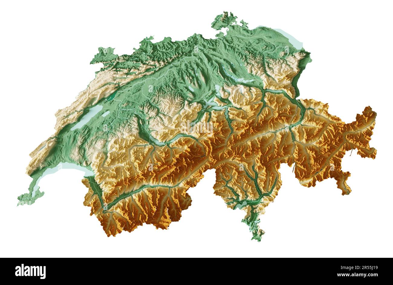 Die Schweiz. Detailliertes 3D-Rendering von schattierten Reliefkarten mit Flüssen und Seen. Farbig nach Höhe. Weißer Hintergrund. Erstellt mit Satellitendaten. Stockfoto